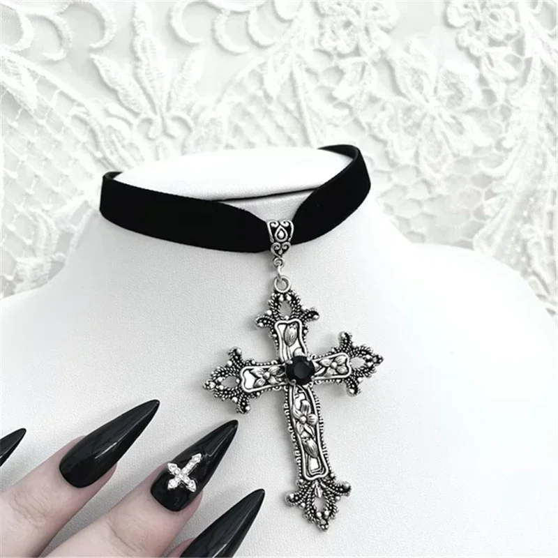 Goth Limited Black Velvet Cross Choker Bead Necklace Grunge Black Velvet Jewelry Gorgeous Women Punk Gift Statement New Gothic