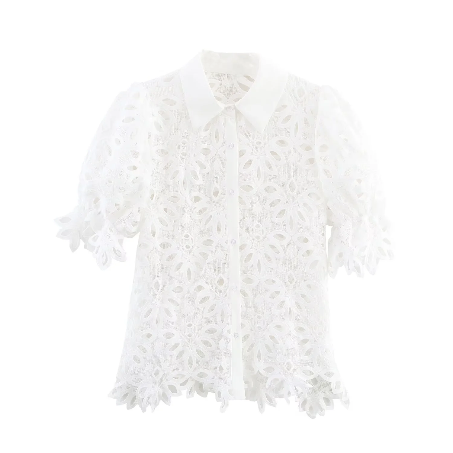 

BM&MD&ZA Womens Casual Elegant Niche Lapel Short - Sleeved Puff - Sleeved Blouse with Water - soluble Embroidery and Cut - out