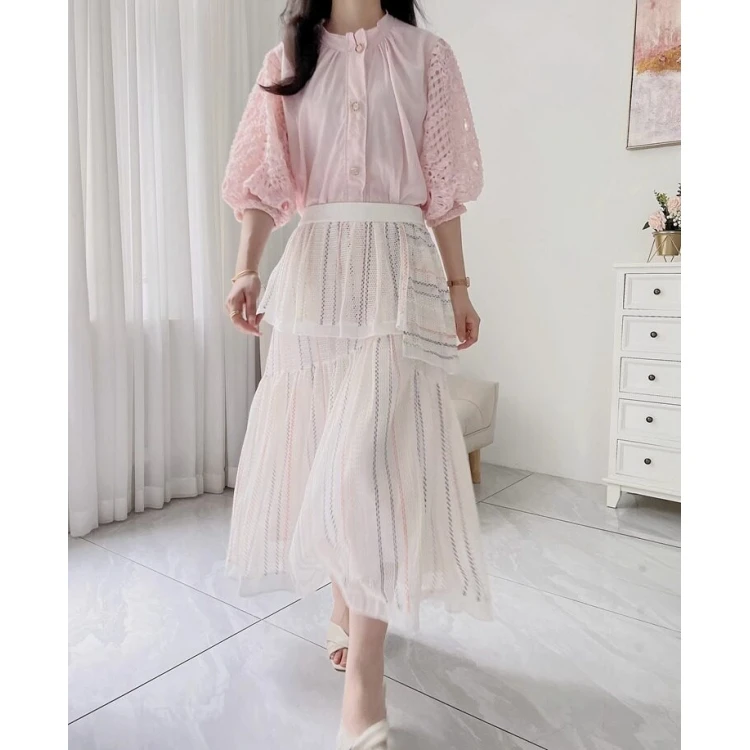 

Ele Romantic MICOAT Lace Hollow out Heavy Work Skirt Floating Layered Hem f Body Skirt Commute Sle High Waist A-Line