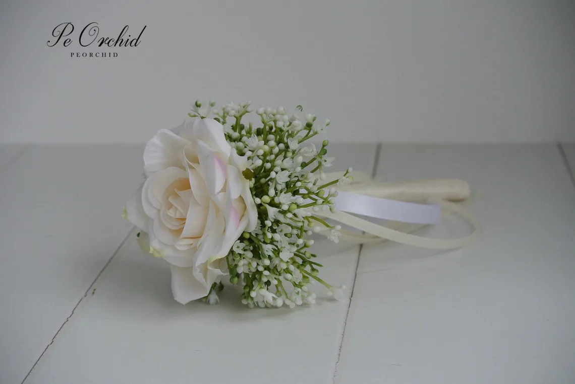 PEORCHID Cute Ivory Flower Girl Wand Artificial Ivory Rose Baby Breath Wedding Flower Bouquet Faux Bridesmaid Bouquets