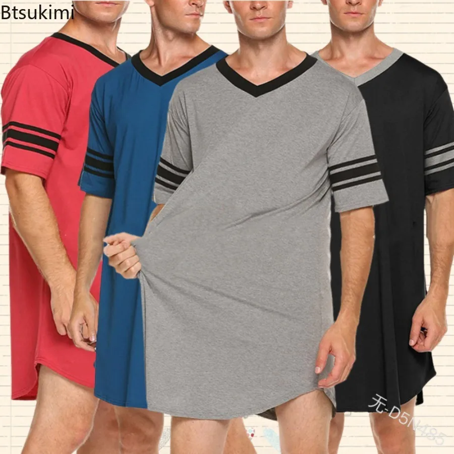 

2025 Men's Cotton Nightshirt Comfortable Short Sleeve V-neck Loose Nightwear Couple Casual Home Clothes Men Sleepshirt Plus Size