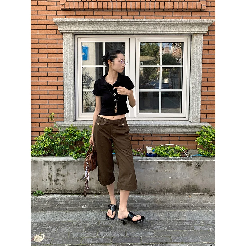 Benuynffy Korean Low Waist Straight Leg Cropped Pants Women 2026 Summer New Vintage Streetwear All-Match Female Wide Leg Pants