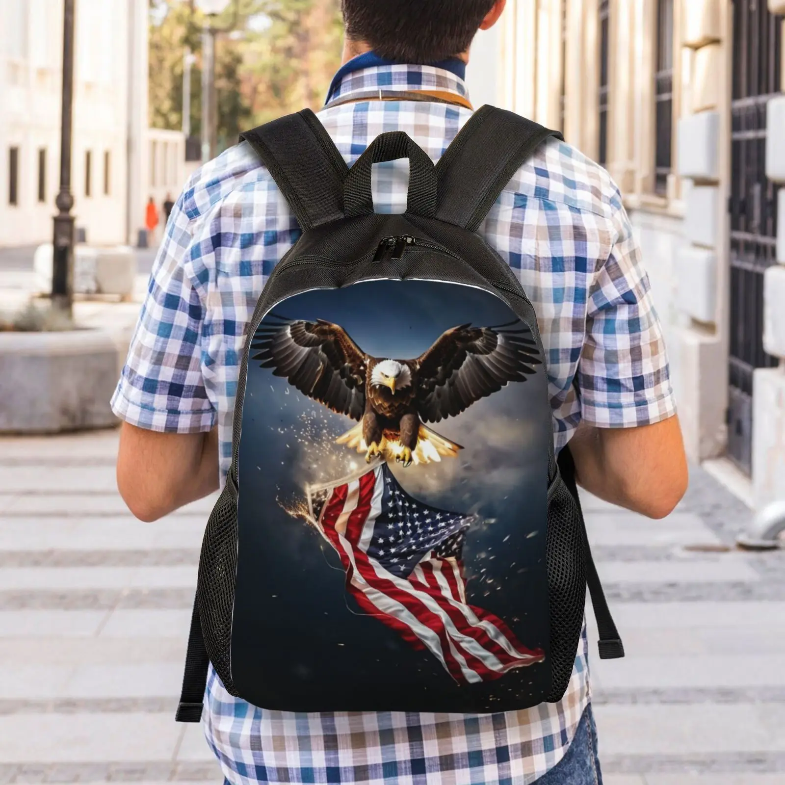 Lightweight Eagle American Flag Casual Backpack - Adjustable straps, polyester lining, great for daily commute