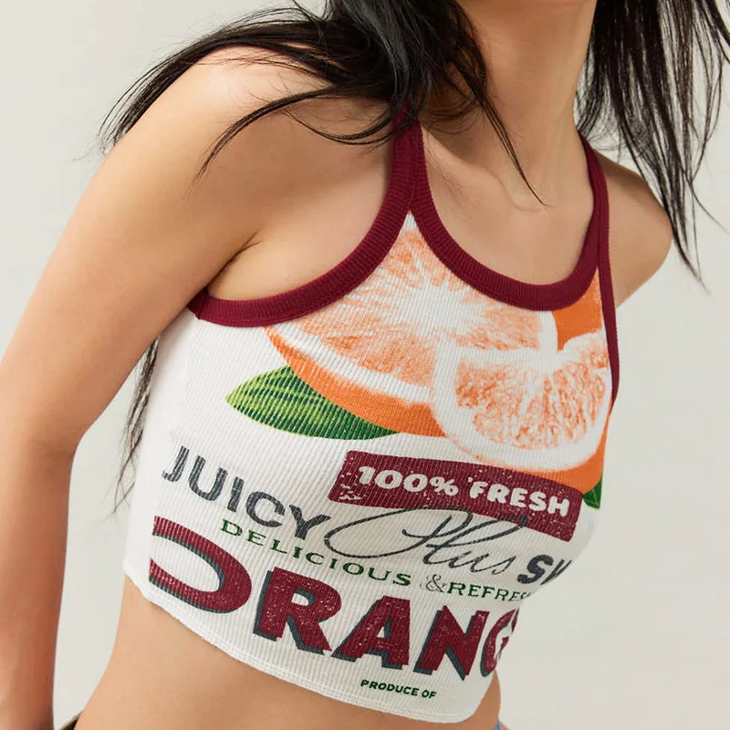 Camisola con estampado de frutas para mujer, Top corto sin mangas con ombligo descubierto Sexy, letras contrastantes, prendas de vestir exteriores, nuevo estilo, Verano