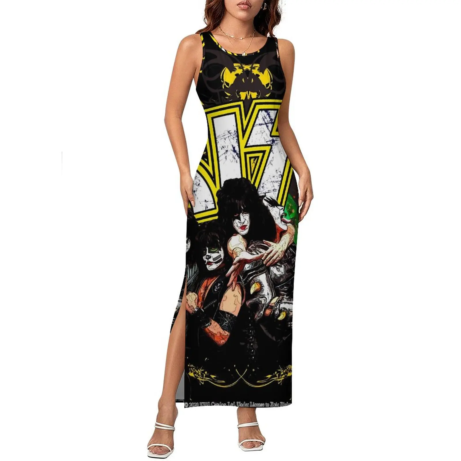 Kiss Band Bodycon Dress Spring Yellow and Black Modern Maxi Dresses Woman Sleeveless Printed Street Style Dress Big Size 3XL 4XL