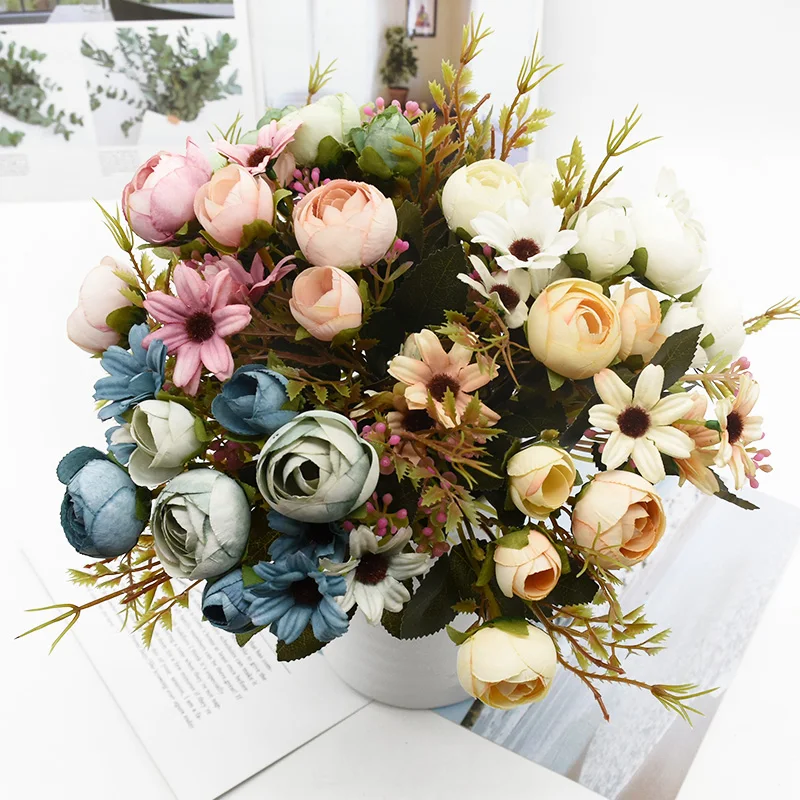 1 manojo de 5 tenedores, 12 cabezas de flores artificiales, jarrones baratos, accesorios de decoración del hogar, regalo artesanal de boda, ramo de liquidación nupcial