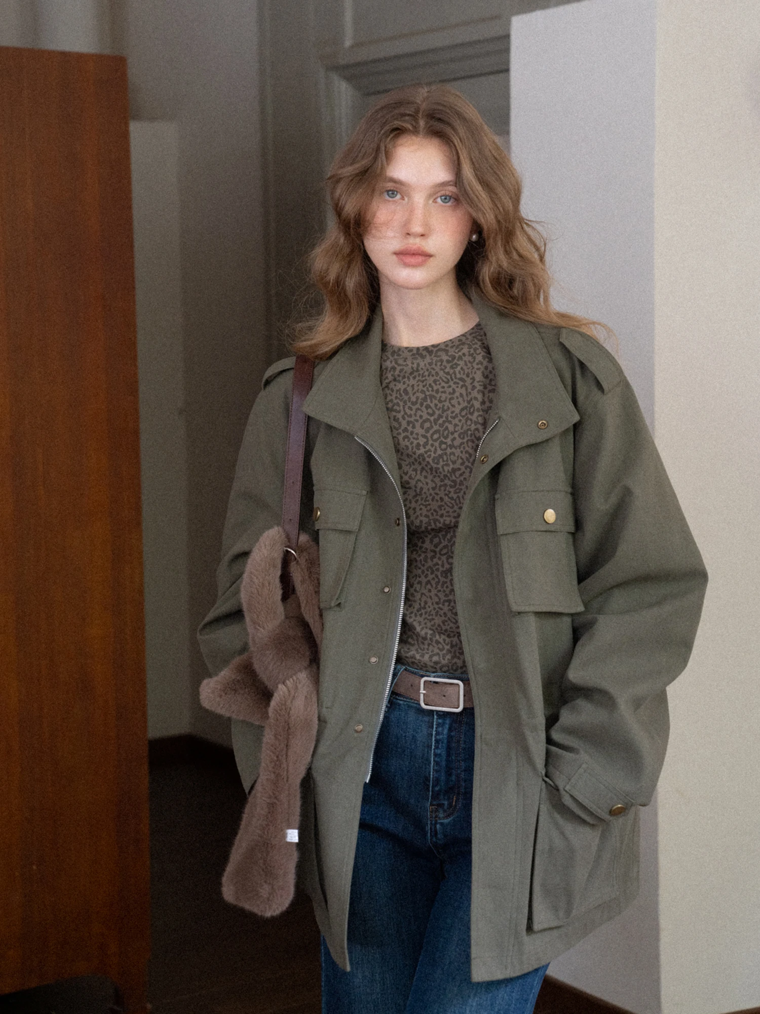 

Loose Fit een Workwear Jaet EGGKA Zipper Closure Long Sve Stand Collar Cotton Blend Ladies Outerwear Casual Sle