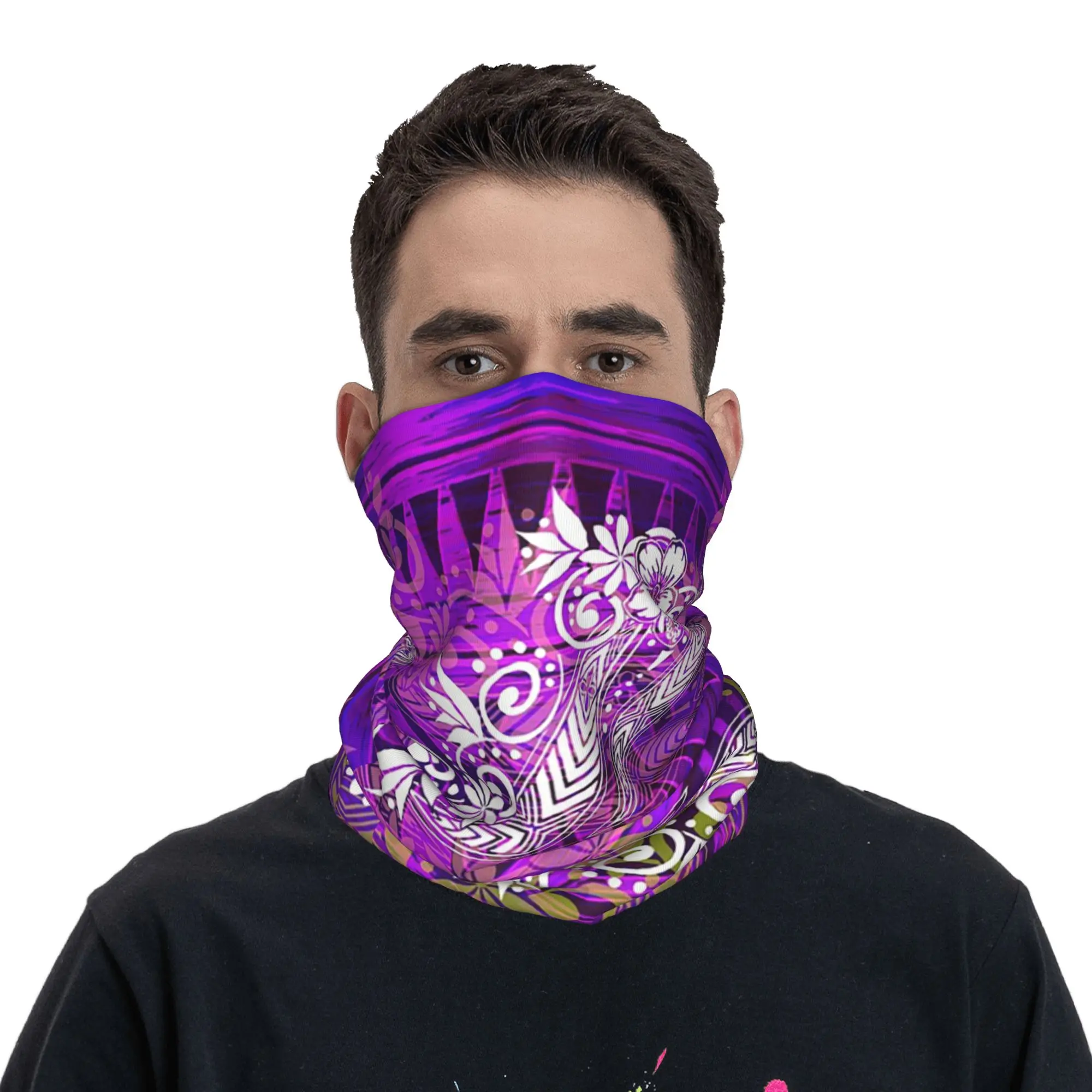 Purple Tribal Samoan Tiare Print Bandana Neck Cover Printed Mask Scarf Multi-use Balaclava Hiking Fishing Unisex Adult