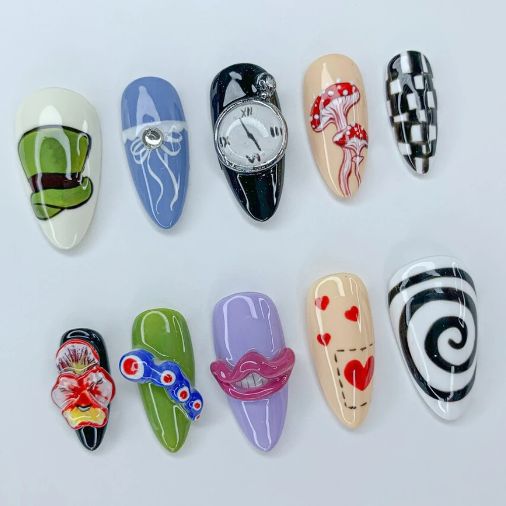 10Pcs Handmade Press On Nails 2024 New Ballet Nials Unique Painting 3D Medium Almond Fake Nails Design Art DIY Nails with Set