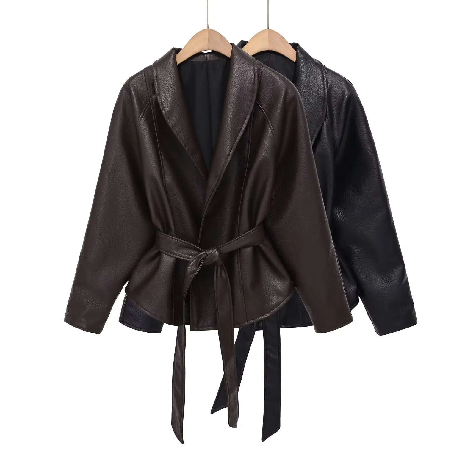 

WOMAN 2026 Spring New Fashionable Casual Collar Belt Imitation Leather Jacket Retro Versatile Unique Outerwear Mujer