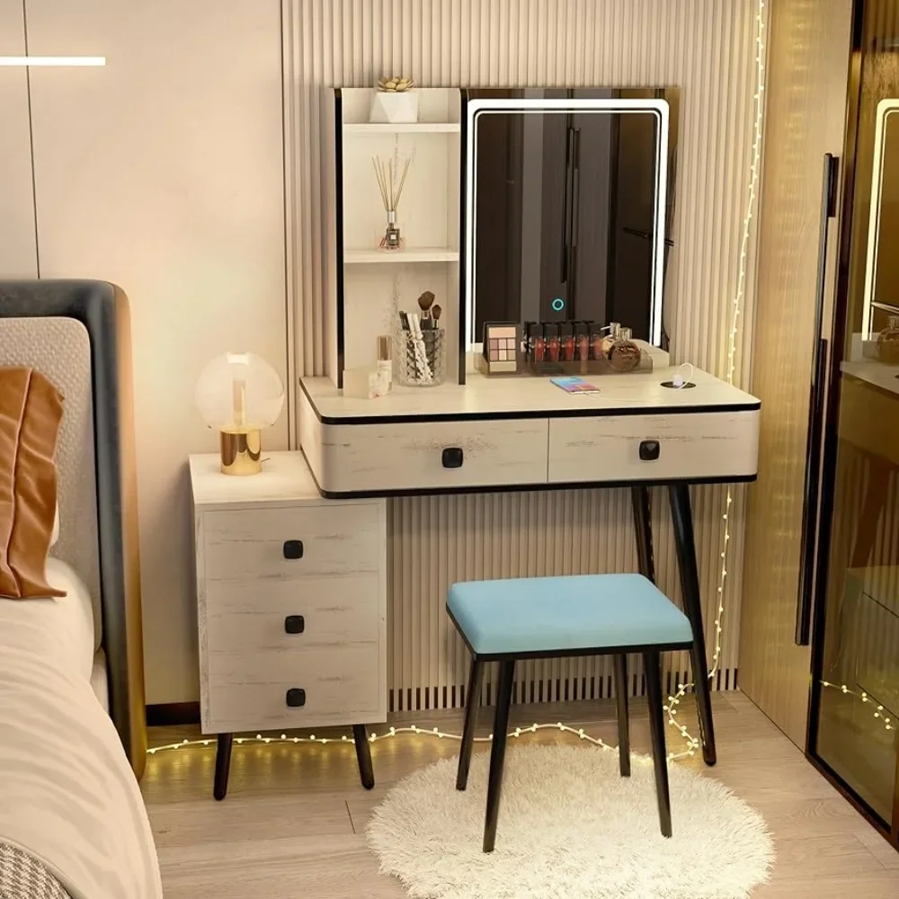 Dressing Table with 3-color Glowing Mirror, Dressing Table Set, Dressing Table with Light and Charging Station