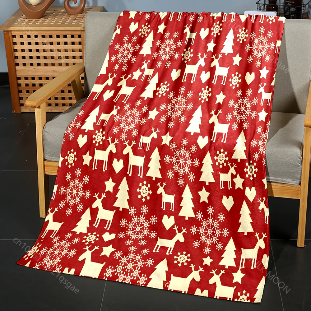 Reindeer, Trees, Snowflakes, Hearts. Pattern Blanket Flannel Material Soft Warm for All Seasons, Home Outdoor Camping Picnics RV