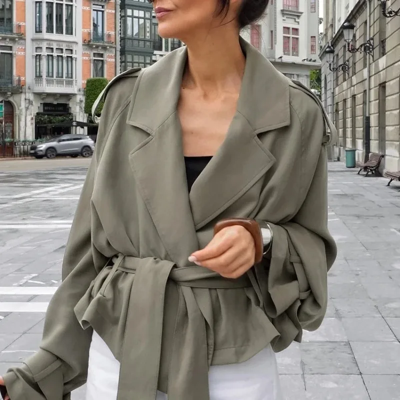 Outcoat nuevo gabardina de otoño con cordones aspecto de gama alta con elegante y versátil chaqueta con personalidad de abrigo europeo americano