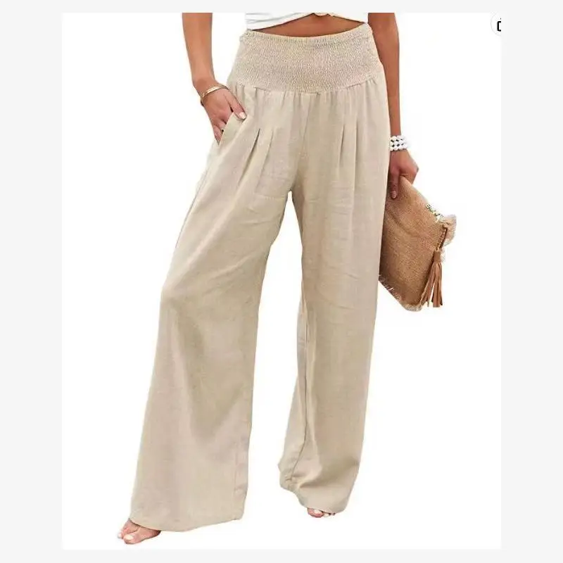 Wi2023 ارتفاع الخصر مطوي بنطال ذو قصة أرجل واسعة المرأة فضفاض الشاطئ القطن الكتان بناطيل كاجوال مع كيتس غير المتكافئة Ciwalk #2
