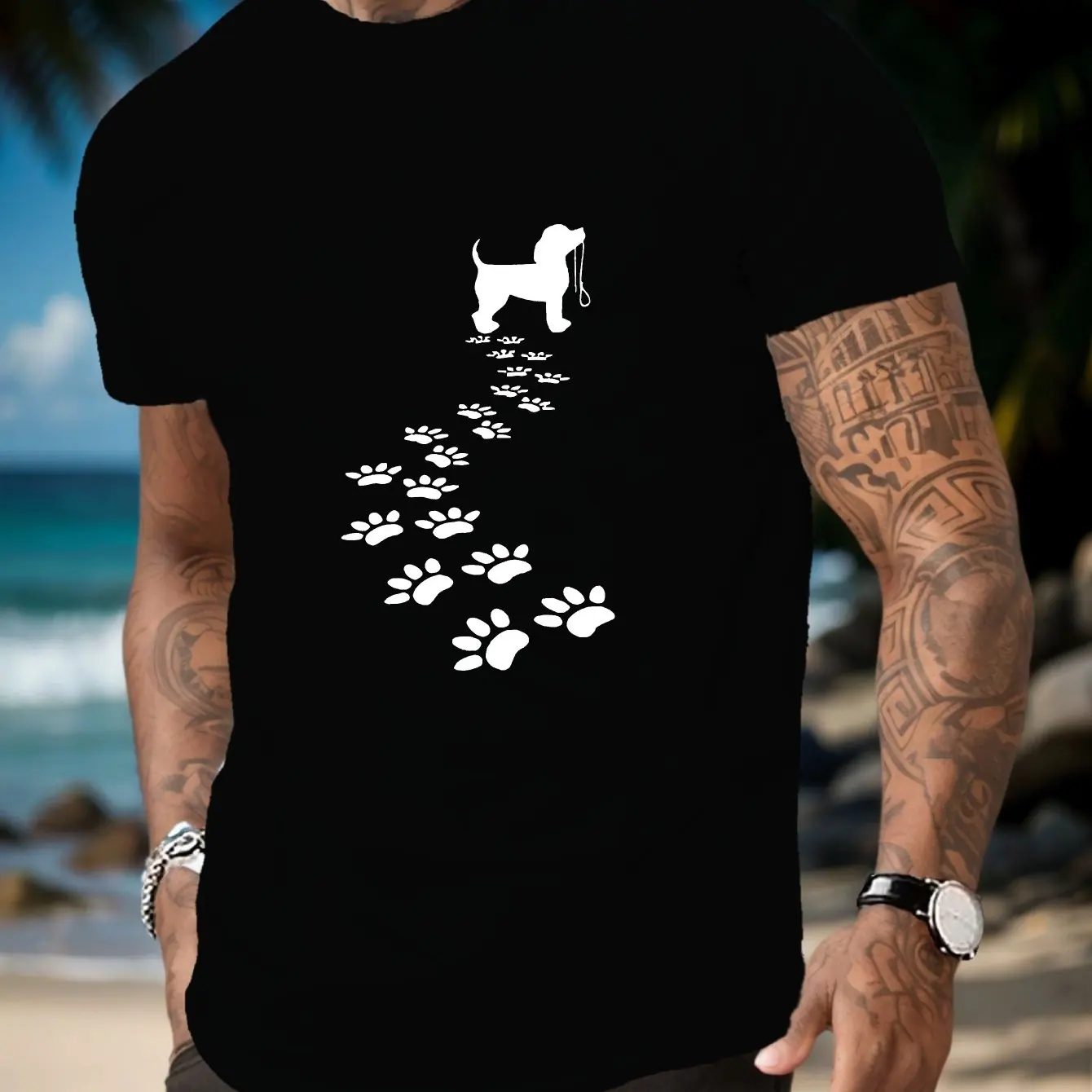 

Men's Summer 100 Cotton Fashionable Casual Sports Loose Fit Dog Paw Print Print Round Neck Short Sleeved T-shirt Top Streetwear