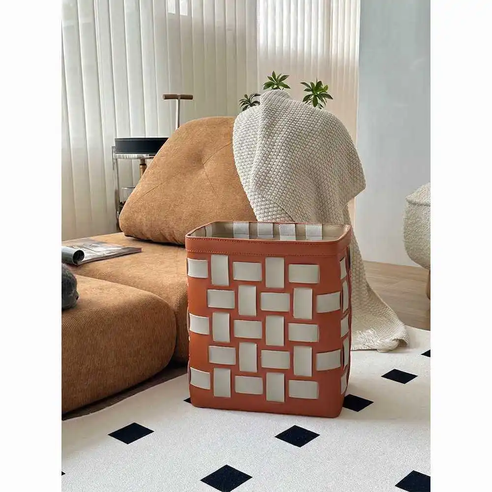 Woven Faux Leather Laundry Basket, Brown & Beige Checkered Storage Hamper, Collapsible Waterproof Dirty Clothes Bin for Bedroom