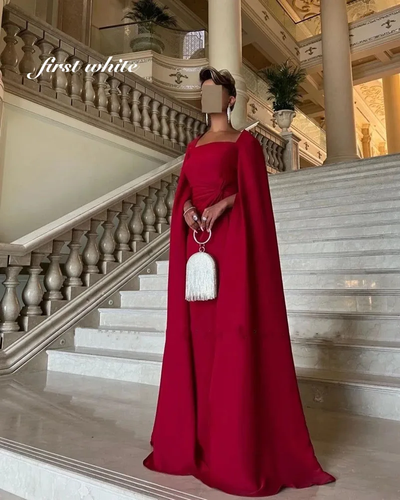 CustomizedRed Satin Mermaid Evening Party Dresses Square Collar Long Sleeves Prom Dress Saudi Arabric Floor Length For Women