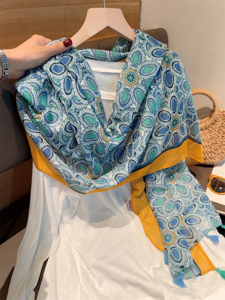 lenco-de-seda-com-gema-azul-feminino-verao-viagem-praia-protecao-solar-longo-algodao-linho-cachecol-ultra-grande-detalhe-de-borla