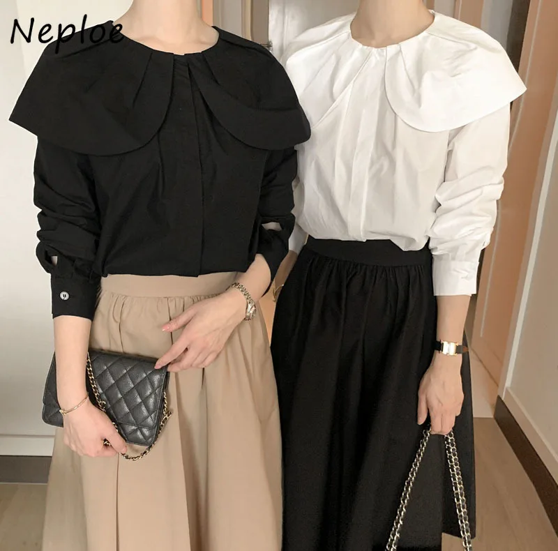 Neploe Commuter French Style Pullover Women Clothing Simple Korea Chic Loose Peter Pan Collar Shirt Solid Fresh All-match Mujer