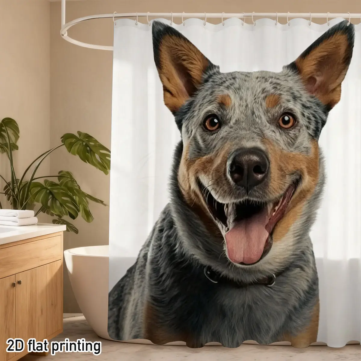 シャワーカーテン-ポリエステル-ブルー-ヒーラー犬の顔プリント-2d-フラット-防水-グロメットトップ-ペット愛好家-バスルーム装飾-オーストラリア製