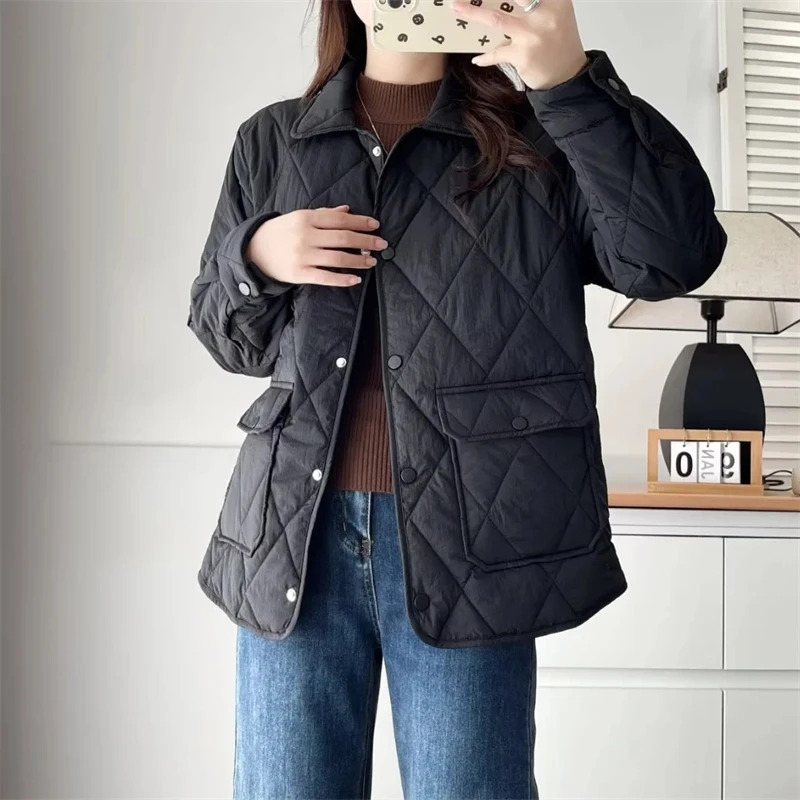 Roupas acolchoadas de algodão outono inverno novo casaco solto oversize parka feminina manga longa único breasted bolsos feminino outwear