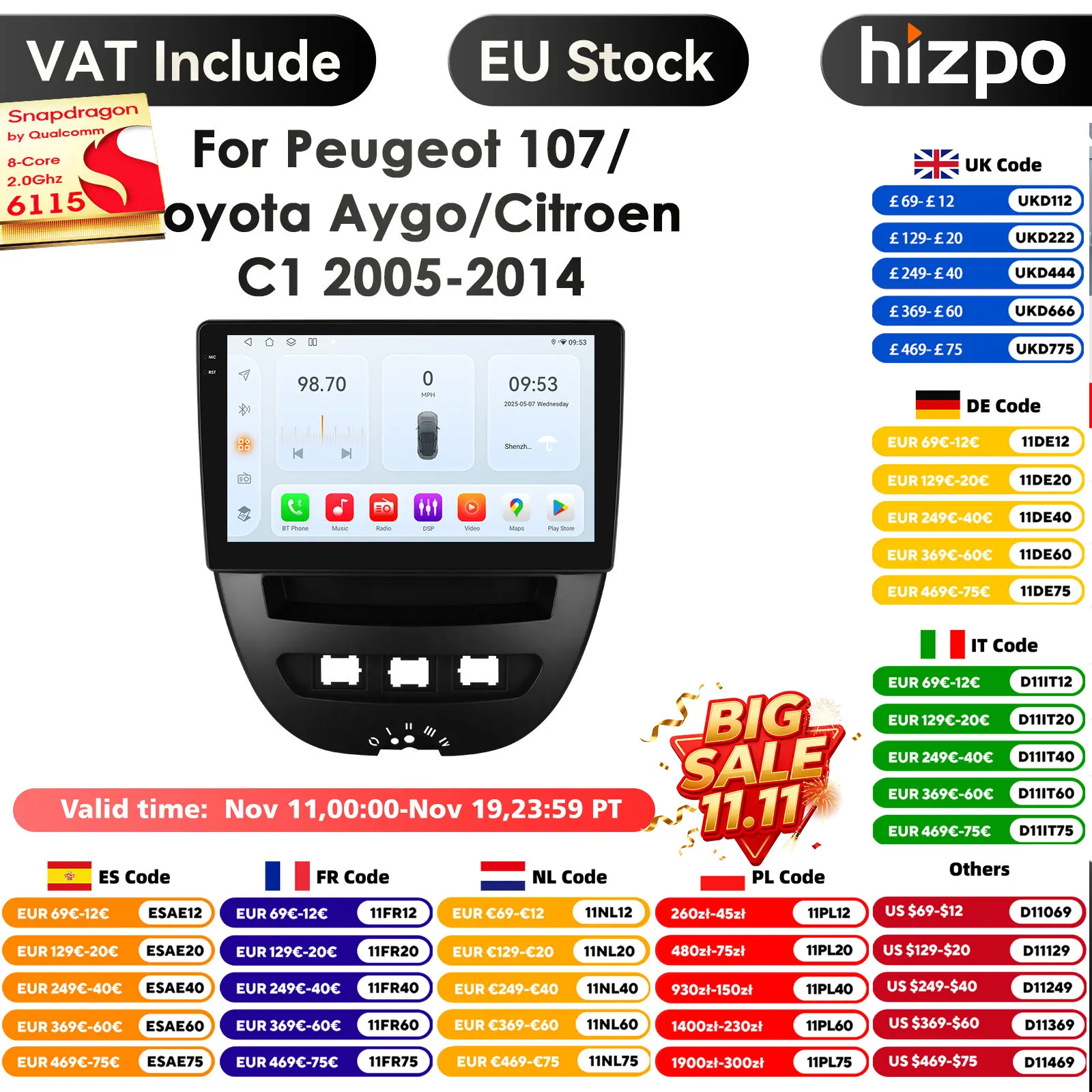 10.1'' 10.33'' 2Din Car Radio Android for Peugeot 107 2005 - 2014 Citroen C1 Toyota Aygo Multimedia Video Player CarPlay 4G GPS