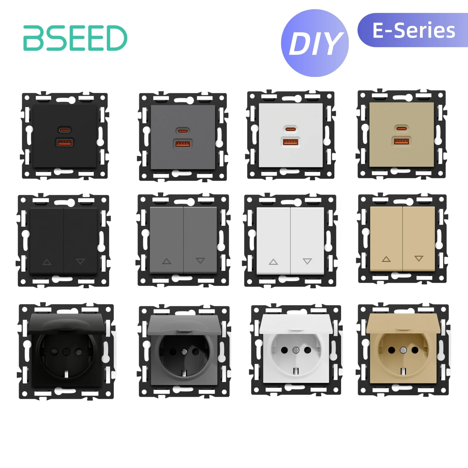 

BSEED Curtain Switch DIY Modules Socket with Cover Parts Glass Frame DIY Combination Wall Sockets 65W USB-C Charge Key E-Series