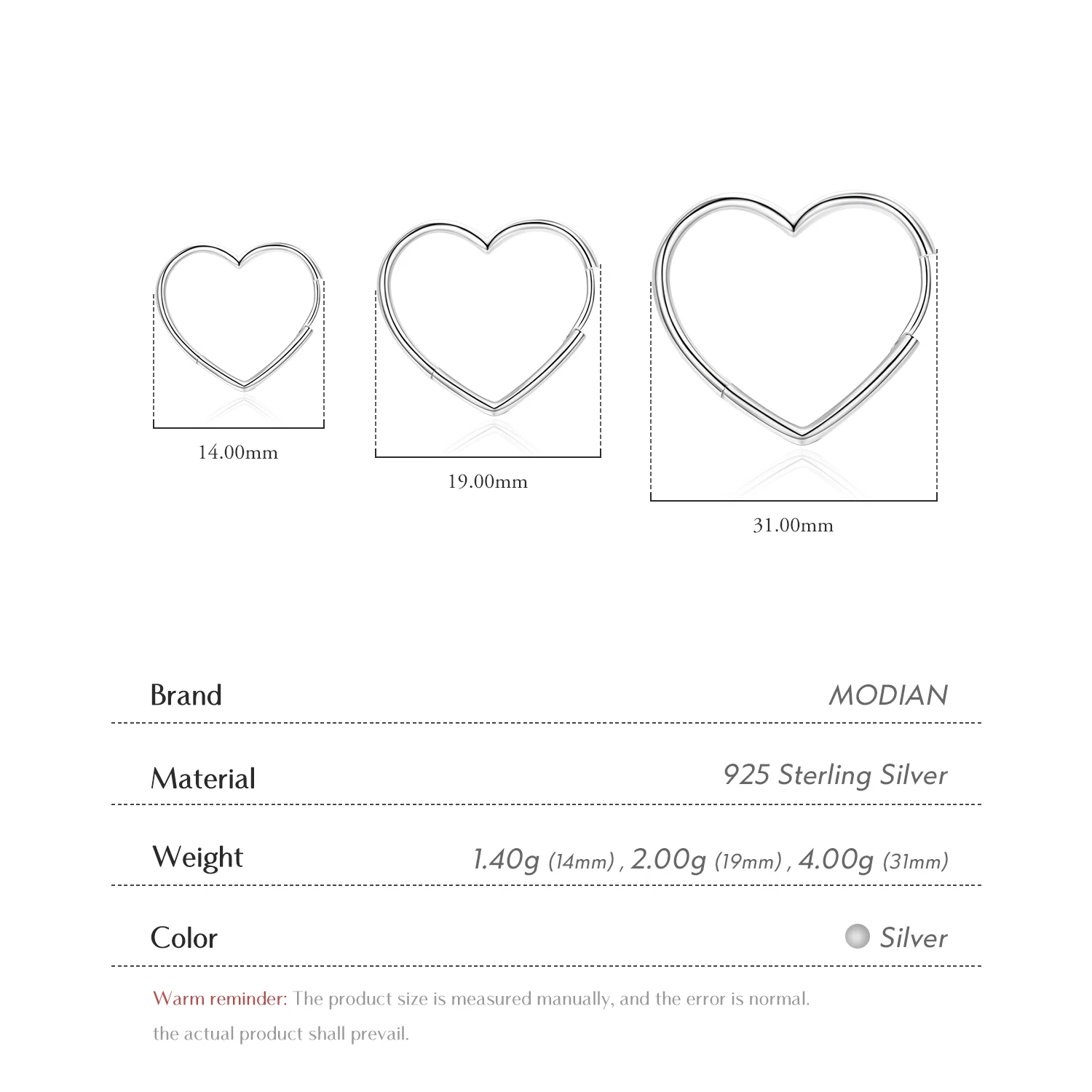 Modian Genuine 925 Sterling Silver Glossy Hearts Hoop Earring for Women Gift Simple Earring Fashion Korea Style Jewelry Bijoux