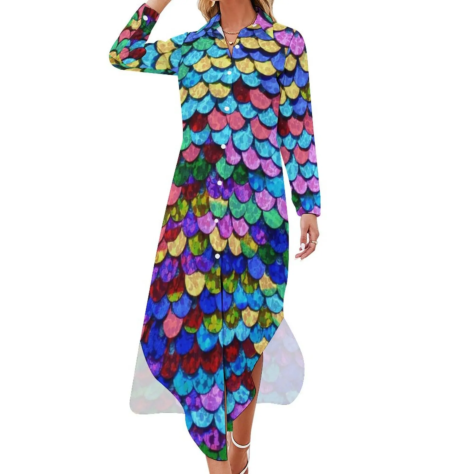 

Rainbow sequin print Long Sleeved Shirt Dress Women's dress evening dress