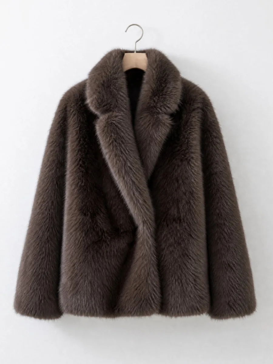 Laur 2026 New Women Notched Lapel Faux Fur Short Coat Single Breasted Long Sleeve Solid Taupe Brown Fluffy Winter Coat