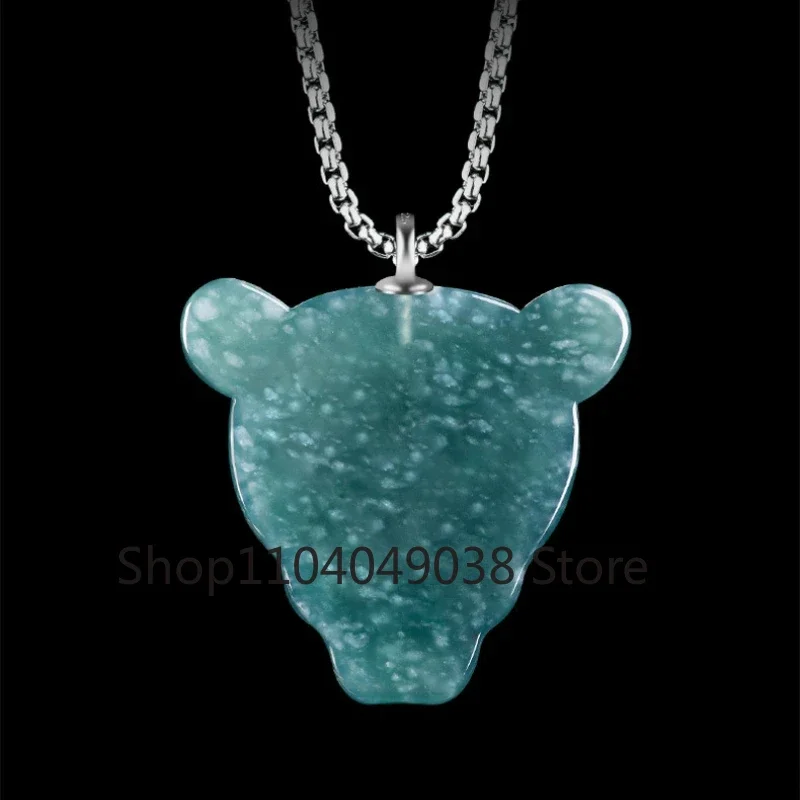 Hand-carved 925 Silver Inlaid with Natural Jade Blue Water Leopard Heand Necklace Pendant Men Women Couple Amulet Jewellery Gift