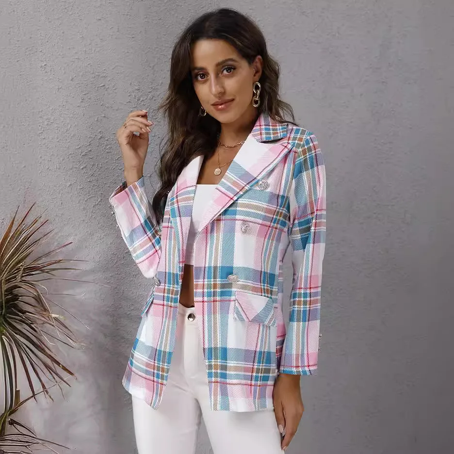 Nuove donne di alta qualità autunno nuova europa e stati uniti colore plaid stampato giacca a maniche lunghe abbigliamento donna