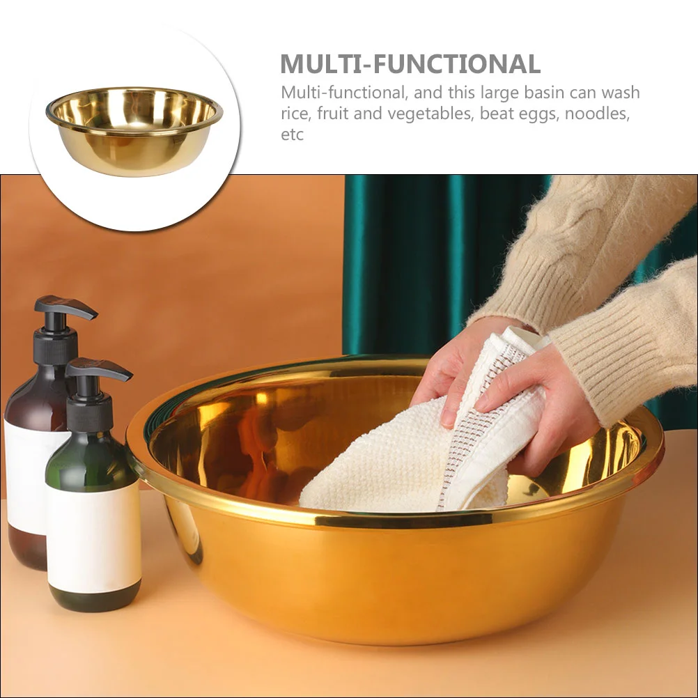 Stainless Steel Basin Thickened Kitchen Bath Household Vegetable Wash (gold) Flat Bottom Mixing Bowl Bowls for Large