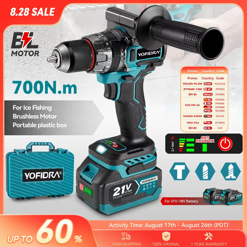 YOFIDRA 13mm 20 + 3 Drehmoment Bürstenlosen Bohrmaschine Schraubendreher Eis Brechen Lose Boden Schlagbohrmaschine Für Makita 18-21V Batterie Pin