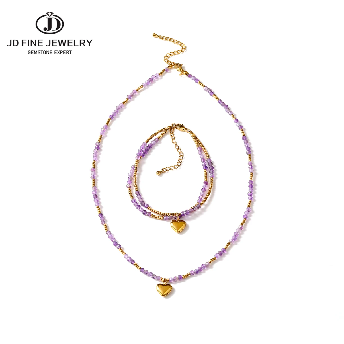 

JD 5A Natural Amethyst Bead Design Stainless Steel Heart Pendant Bracelets Women Fashion Reiki Healing Party Chain Necklace Gift