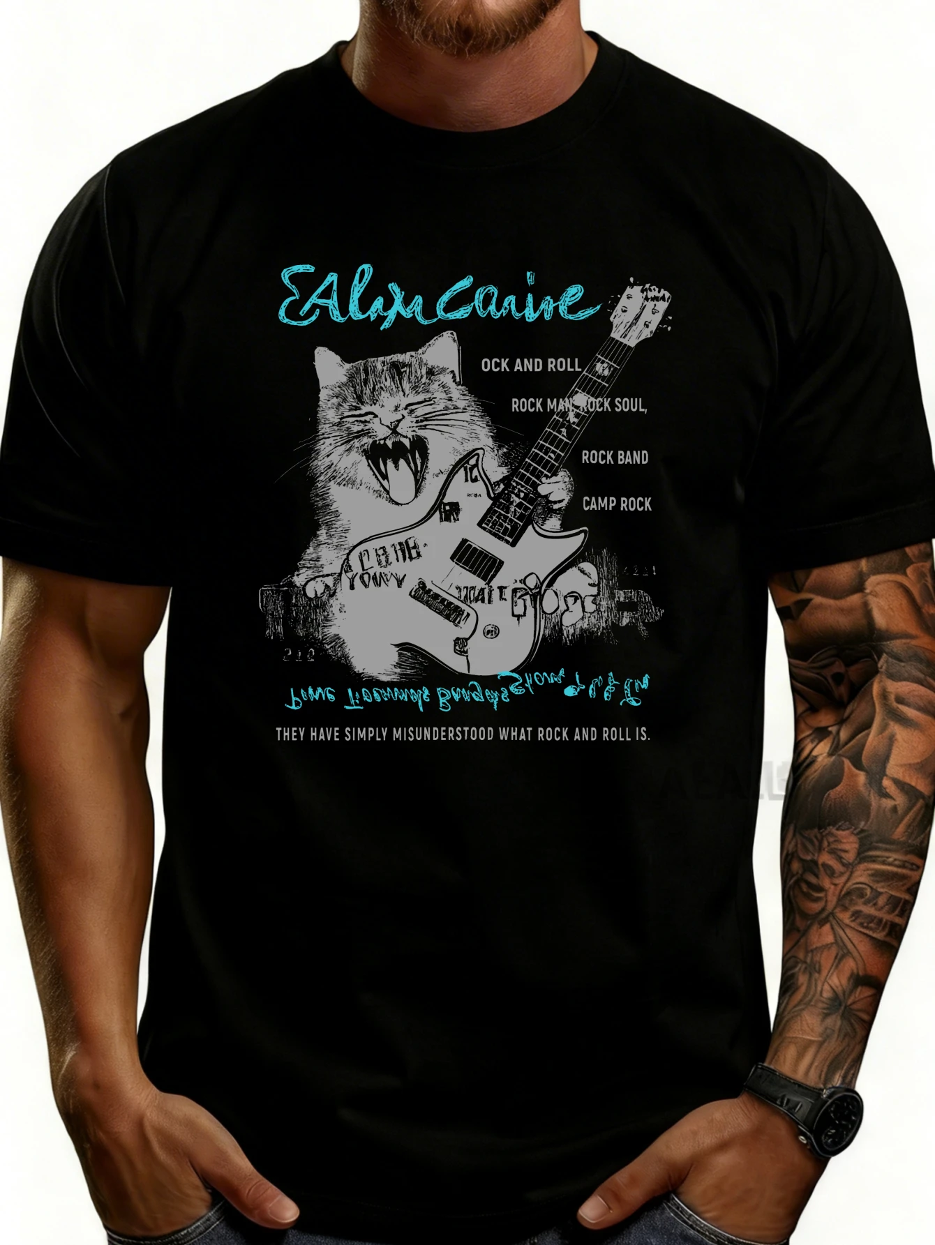 Rock Style Men's T-Shirt with a Cat Playing Guitar and Text: Rocker, Rock Soul, Rock Music Summer Camp. They Just Don'T Understand What Rock Music Is. Summer Casual Wear, Suitable for Music Lovers and Guitar Enthusiasts. a Gift for Him