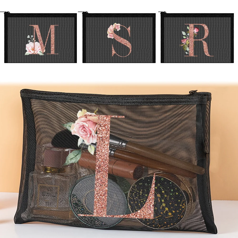 

Mesh Cosmetic Bag Female Make Up Pouch Travel Storage Makeup Bags Portable Multifunction Printing rose gold Series Case