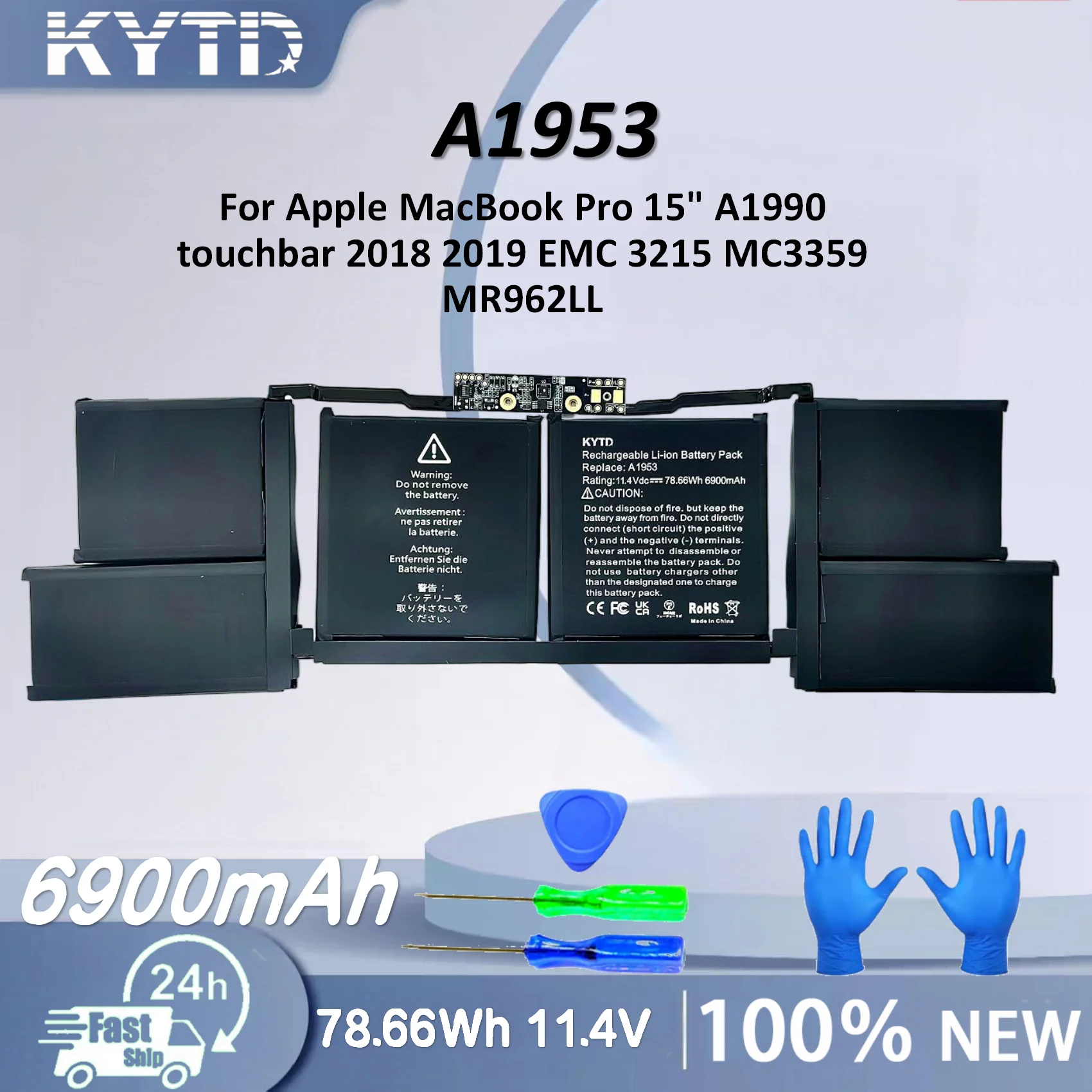 

KYTD A1953 Laptop Battery for Apple MacBook Pro 15" A1990 touchbar 2018 2019 EMC 3215 MC3359 MR962LL 11.4V 78.66Wh