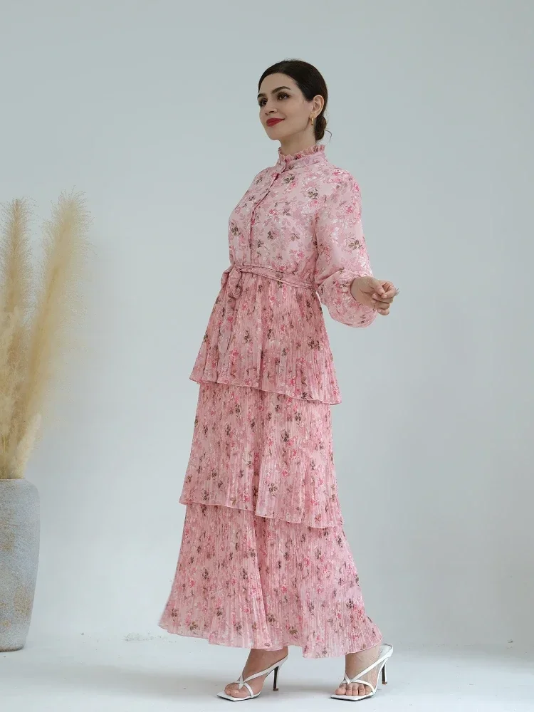 Eid Muslim 3 Layers Cake Dress Women Print Floral Pleated Abaya Jalabiya Lace-up Party Dresses Kaftan Vestidos Long Robe 2023