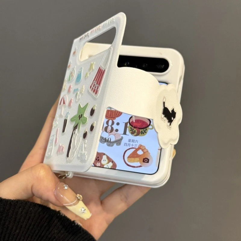 

Cute Book Style Phone Cases for Huawei P50 Pocket/Pocket S/Pocket2 Case White Leather Cover with cartoon sticker