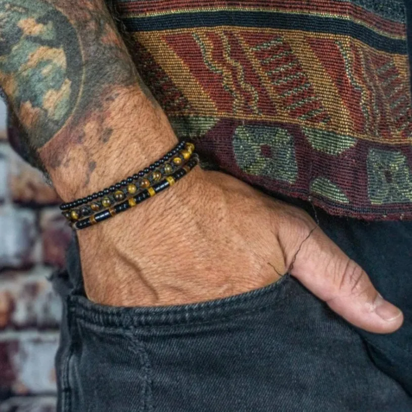 New Men's Tiger Eye Woven Bracelet Black Onyx Spacers Multi-Layer Stacking Handmade Beaded Bracelet Fade-Resistant