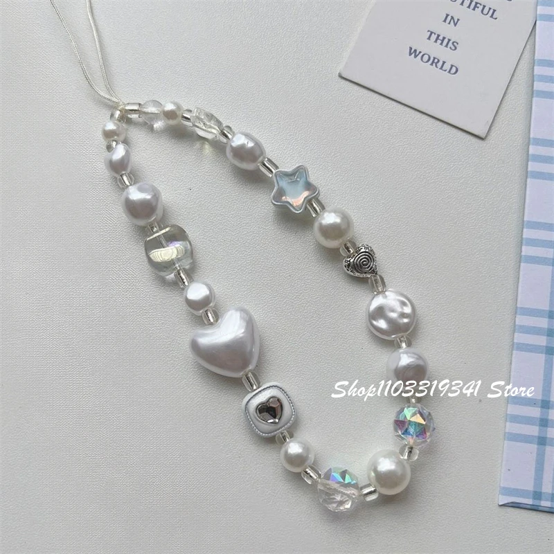 

INS Korean Cute Blue Star White Heart Pearl Beaded Phone Chain Charm Lanyard For iPhone Samsung Universal Anti-Loss Hanging Rope