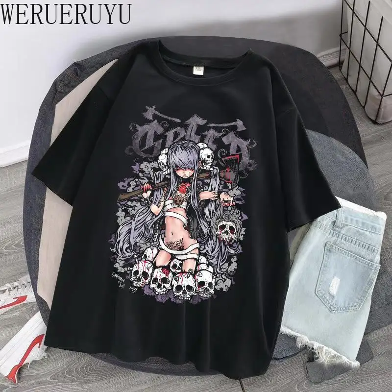 Camiseta estampada de Anime para mujer, Tops de manga corta Y2k, ropa estética, camisetas góticas de dibujos animados, Verano