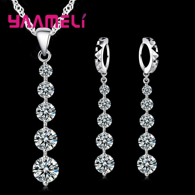 

Cubic Zircon Long Tassel Drop Necklace Earrings Set 925 Sterling Silver Needle for Women Bride Wedding Jewelry Sets