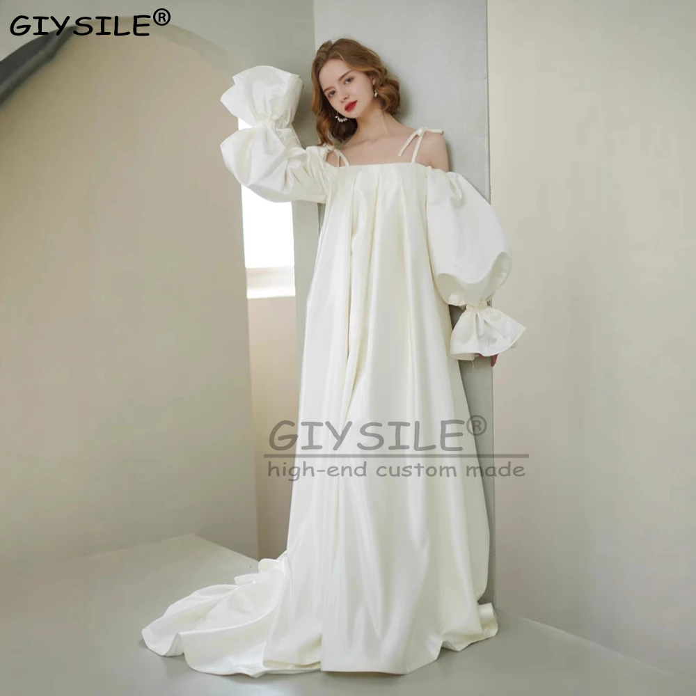

GIYSILE New French Style One Shoulder Retro Wedding Dresses Luxury 2025 Bubble Sleeve Satin Wedding Dress for Travel Photography