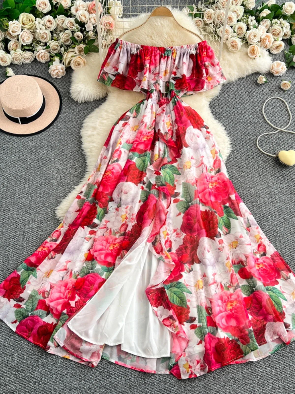 Vestido Longo E de Verão com Estampa Floral, Manga Bufante de Um Ombro, Estilo Coreano, Cintura Alta, Modelo Evasê Mid...