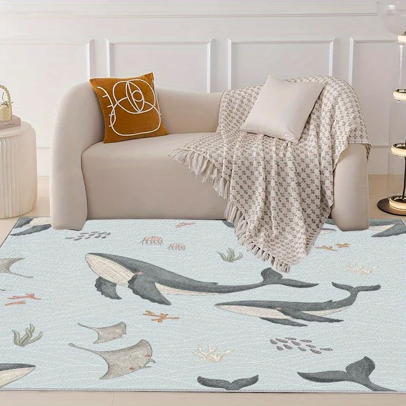 VIKAMA Ocean Whale Area Rug Sea Creature Jellyfish Stingray Print Non‑Slip Washable Soft Carpet for Kids Bedroom Living Room Rug