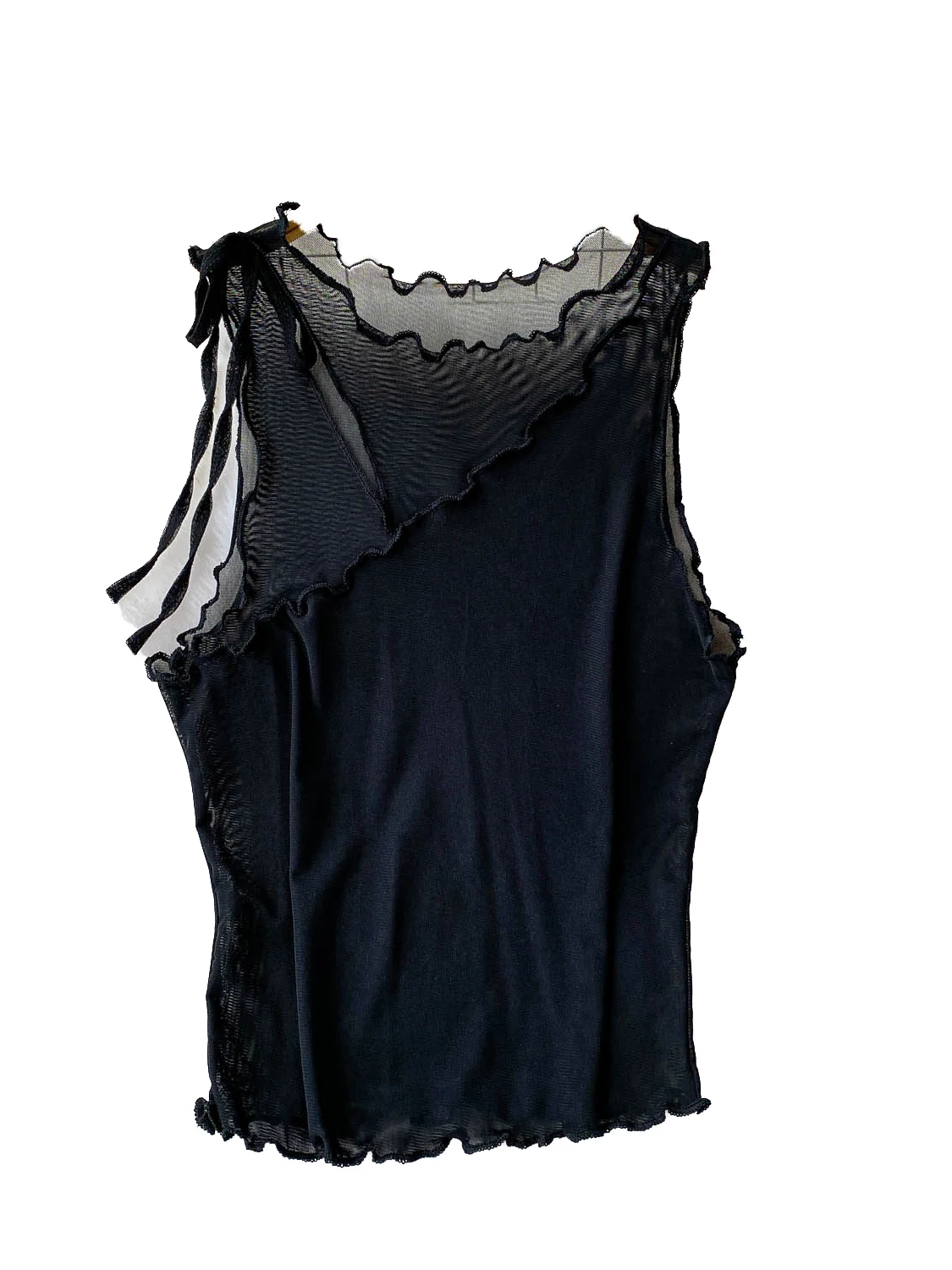 Pure Desire Sexy Thin Lace round Ne Svel Vest Women's Summer Design Sense Belted Wood ain  Slimming Top