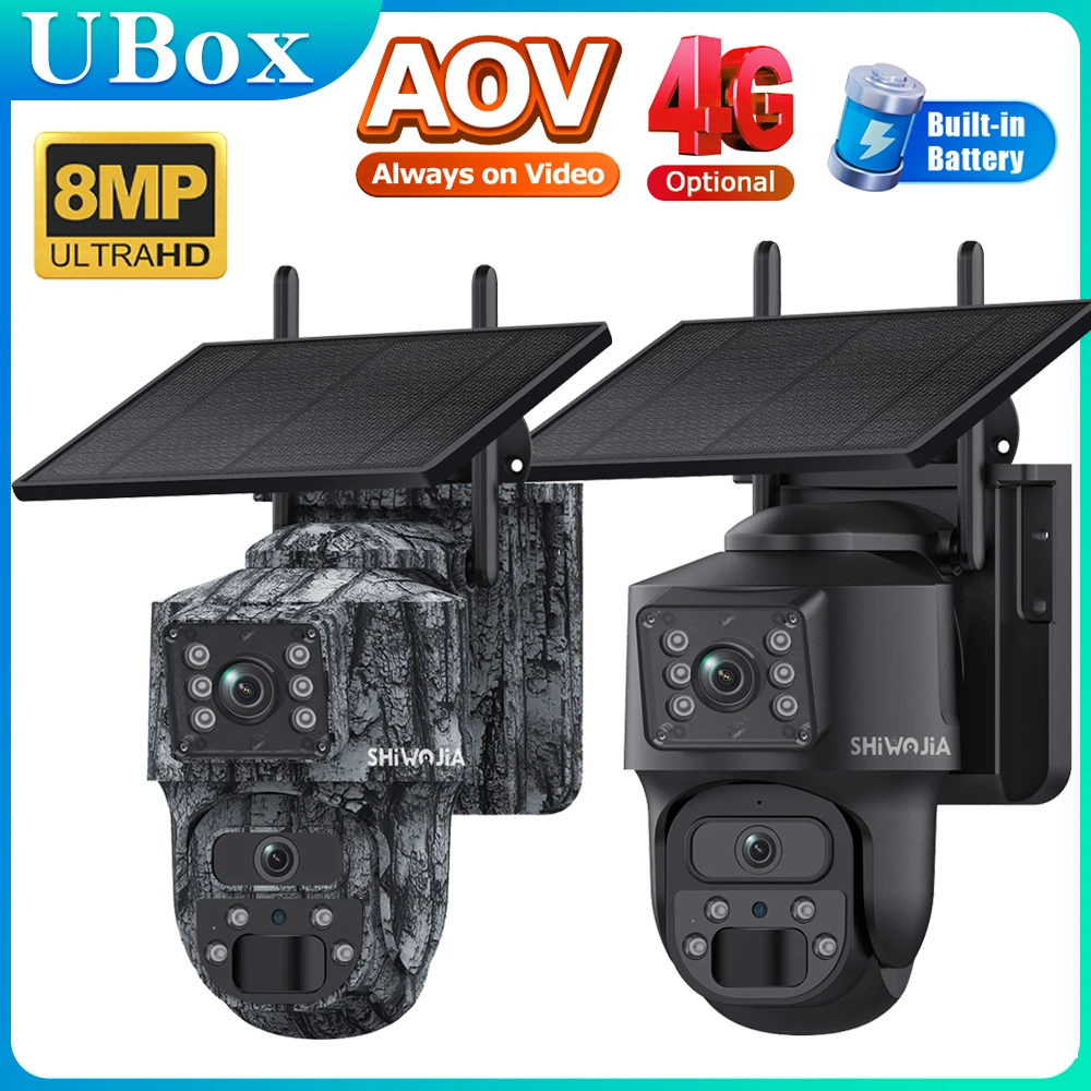 

SHIWOJIA 4K двойной объектив 4G LTE сотовая солнечная камера безопасности AOV 24/7 запись 10010 мАч аккумулятор уличный водонепроницаемый для дикой природы