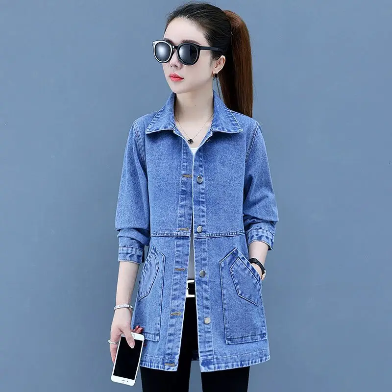 

Streetwear Denim Coat Women's Spring Autumn Casual Single Breasted Long Sleeve Jeans Jackets Coats 4XL 5XL